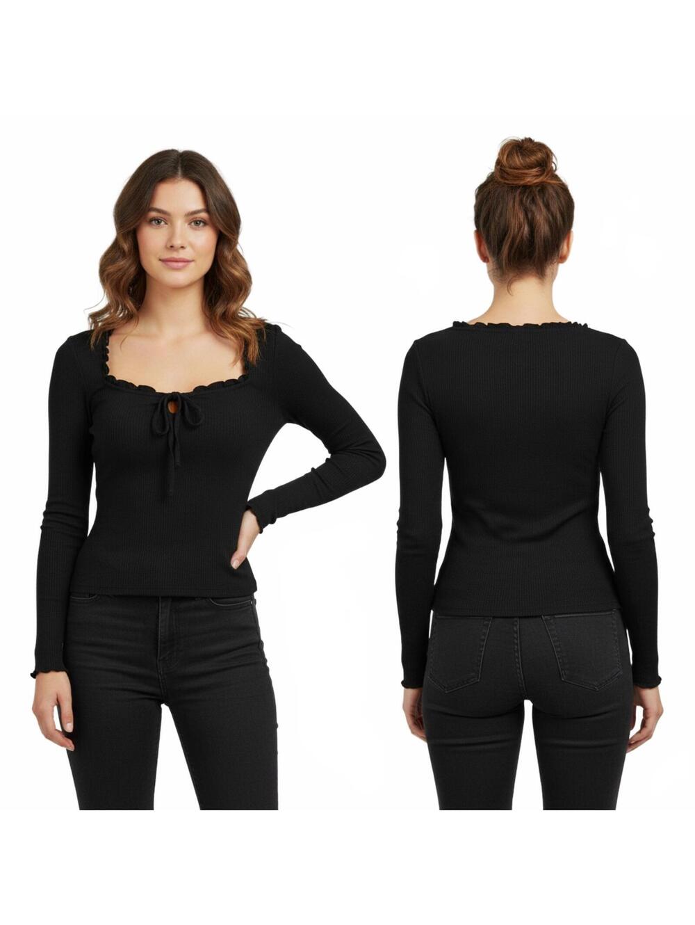 Melrose and Market Black Ruffle Long Sleeve Blouse